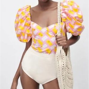 Zara Printed Poplin Bodysuit With Puffy Sleeves